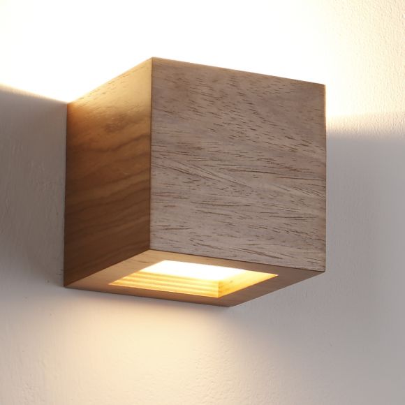 Quadratische Holzoptik Wandleuchte Furnier Nussbaum  Wandlampe Up & Downlight E27 12cm 640Lumen Würfel