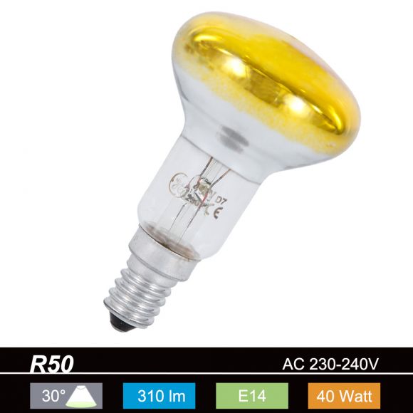R50 Reflektor, 30° Abstrahlwinkel, 40Watt, E14, in Gelb oder Rot 