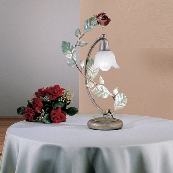 romantische Tischleuchte mit Rosenschmuck und Alabasterglas