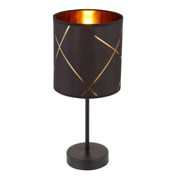 runde E14 Tischleuchte aus Stoff und Acryl Schirm mit Dekorstanzungen schwarzes Textilkabel 18m Tischlampe gold Schalter ø 15 cm