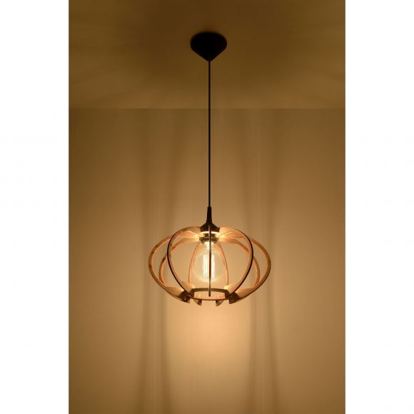 runde skandinavische E27 Pendelleuchte Lampenschirm aus Holzlamellen Hängelampe schwarz abgesetzt ø 35 cm