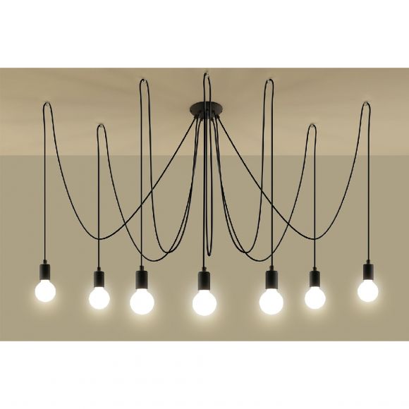 skandinavische E27 Pendelleuchte 7-flammig für Glühbirnen mit Textilband, vintage ideal für Filament-Leuchte Hängelampe schwarz