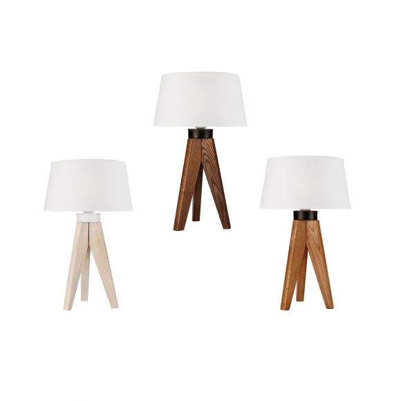 Tripod Holz Tischleuchte mit Stoffschirm skandinavische Tischlampe weiß mit Schalter 30 x 50 cm