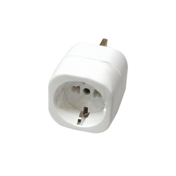 Stecker-Adapter in weiß Commonwealth Stecker auf Schuko-Kupplung mit Erdung und Feinsicherung 13A