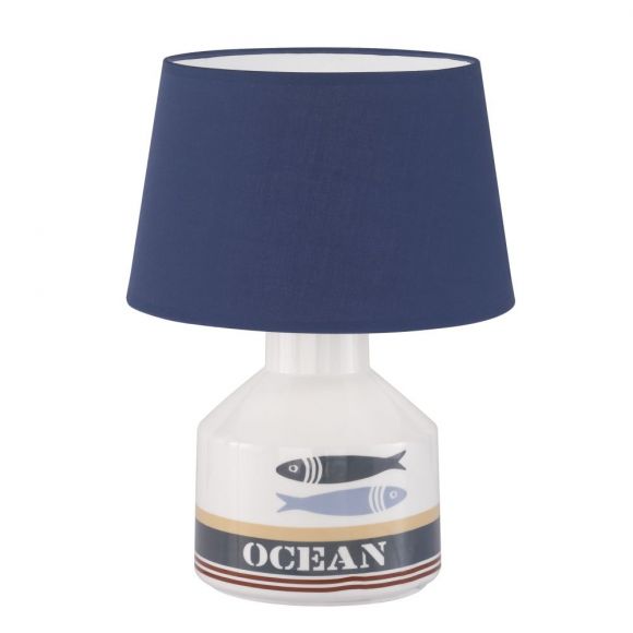 Tischleuchte Ocean 1-flammig, Keramik weiß blau, Stoffschirm Textilschirm, mediterran, Schnurschalter, E27
