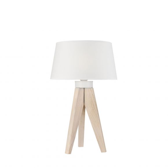 Tripod Holz Tischleuchte mit Stoffschirm skandinavische Tischlampe weiß mit Schalter 30 x 50 cm