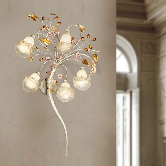 Wandleuchte im Florentiner Stil - 2 Oberflächen - 5-flammig - Made in Italy - Muranoglas handgefertigt -  Kristalle amberfarbig