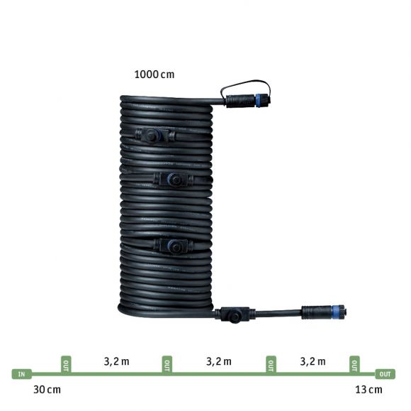 10m Plug & Shine Kabel IP68 Schwarz mit fünf Anschlussbuchsen