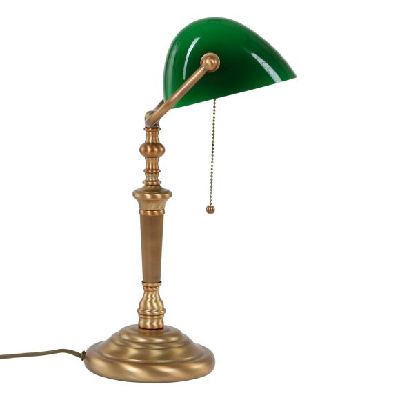 Bankerleuchte, Tischleuchte mit schwenkbarem, grünem Schirm aus Glas, Bankers Lamp, Fuß bronze, Schnurschalter, E27