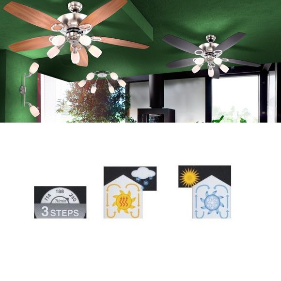 Deckenventilator beleuchtet in Nickel-matt mit fünf Opalgläsern und Zugschalter Flügel in Graphit und Buche, inklusive Leuchtmittel E14 28Watt