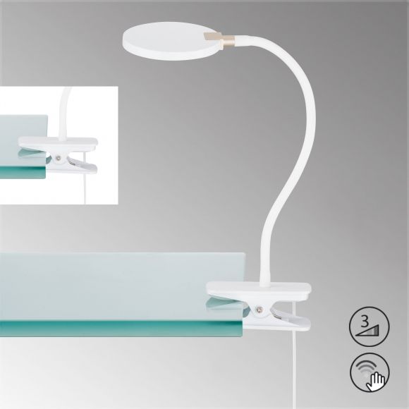 runde LED Tischleuchte mit Sensordimmer als Tisch- oder Klemmleuchte erhältlich