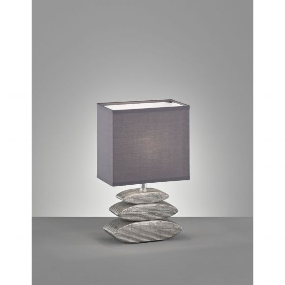 E14 Tischleuchte mit Stoffschirm und gestapelten Steinen aus Keramik eckige Tischlampe chrom grau mit Schalter 29 cm