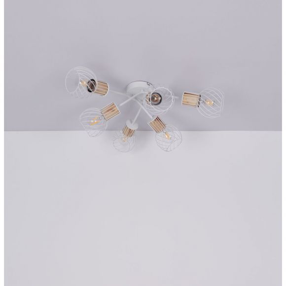 E27 Deckenleuchte Retro und skandinavische 3 gebogene Arme Käfigleuchtee 6-flammige Deckenlampe weiß Holzoptik ø 70 cm