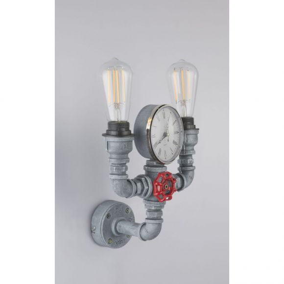 E27 Wandleuchte Industrial-Style und Retroe Installationsrohre mit Flansch und Manometer 2-flammige Wandlampe grau Zementoptik