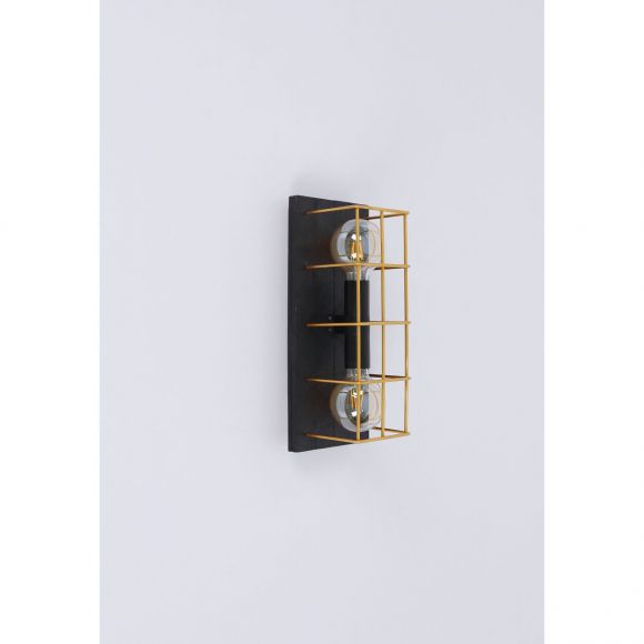 eckige E27 Pendelleuchte aus Holz skandinavische rechteckig schwarze Textilkabel Käfig Betonstahl-Gitter geflammtes 4-flammige Hängelampe gold