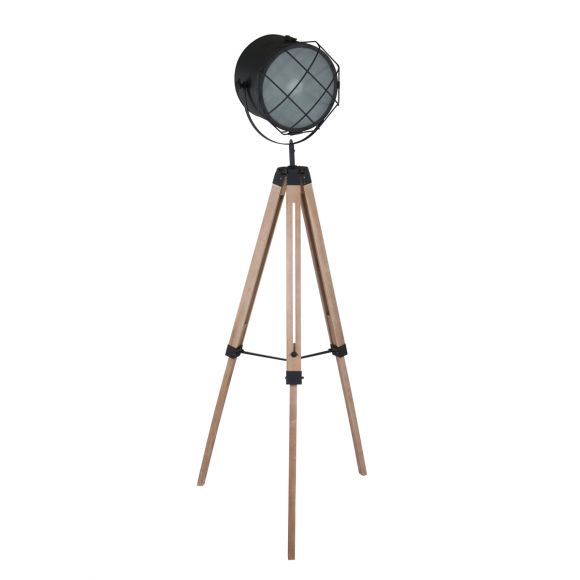 einstellbare Dreibein Stehleuchte aus Holz, schwarzer Leuchtenkopf, Stativleuchte mit mit Schnurschalter, Studio Spot