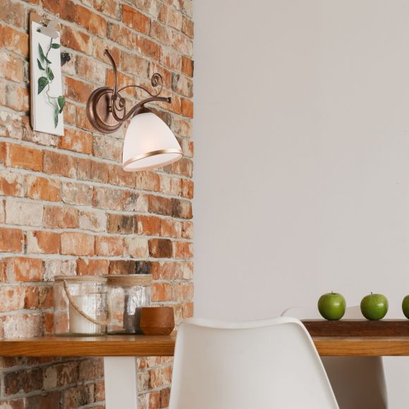Landhaus Wandleuchte mit Glasschirm weiß matt braun antik Wandlampe 25 x 30 cm
