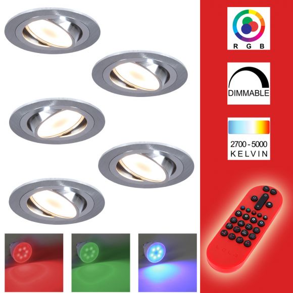 LED Einbauleuchte, alu, rund, inkl. Fernbedienung, 5er-Set, LED RGB