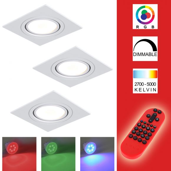 LED Einbauleuchte, weiß, eckig, inkl. Fernbedienung, 3er-Set, LED RGB