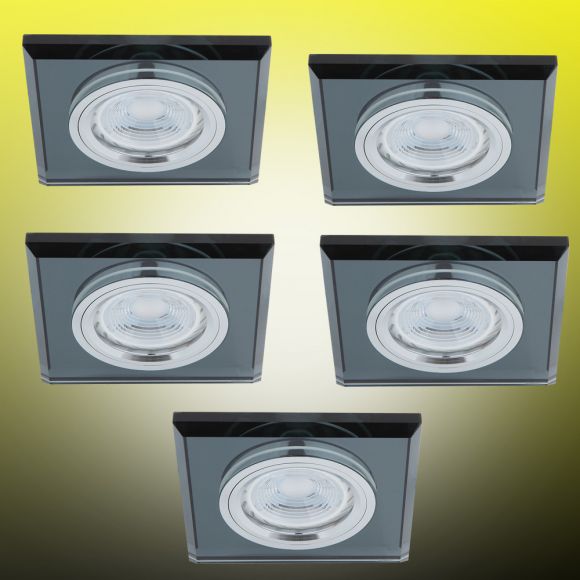 LED Einbaustrahler, Glas schwarz, eckig, 5er Set, inkl. LED dimmbar