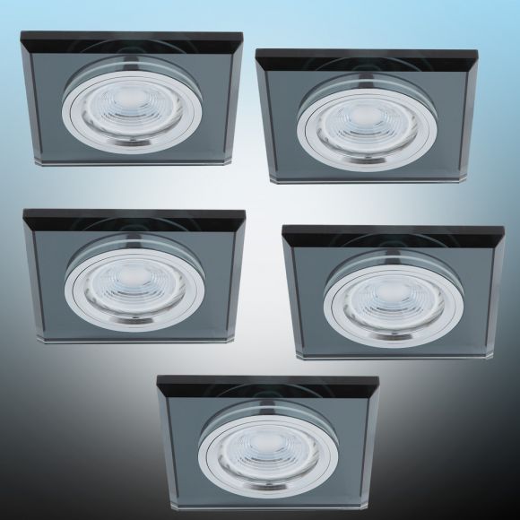 LED Einbaustrahler, Glasrahmen schwarz, eckig, 5er Set, inkl. LED 5W
