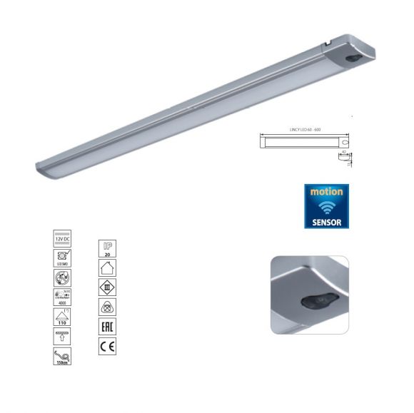 LED Unterschrank-Linienleuchte, Bewegungssensor, Aluminium, 60cm lang