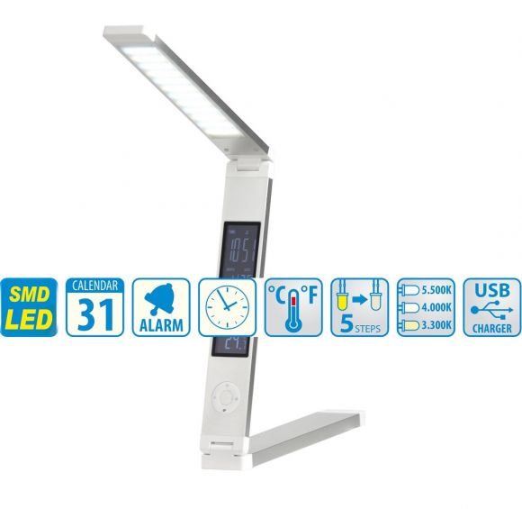 LED-Tischleuchte aus Kunststoff Weiß mit Display - Inklusive LED 7,2 Watt  360 Lumen