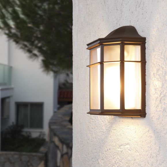 LHG Landhaus Außen Wandlampe klassisch braun mit Glas , E27 , flach, braun, LED einsetzbar, Landhausstil