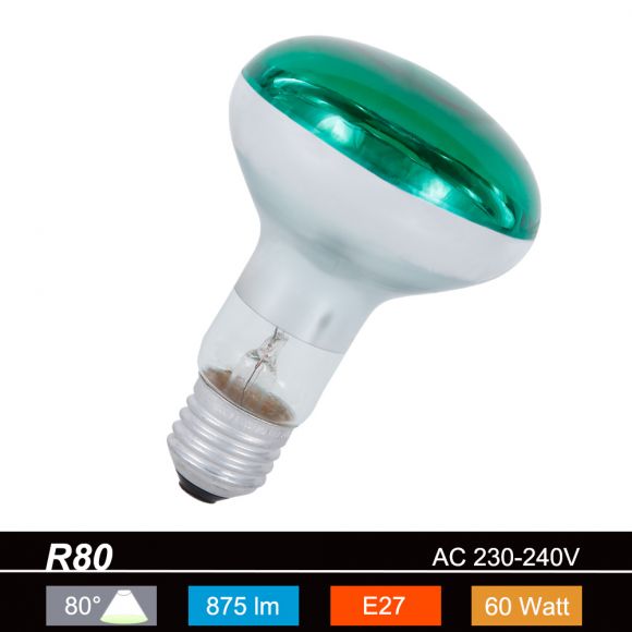 R80 Reflektor 80° Abstrahlwinkel, 60 Watt, E27, in grün