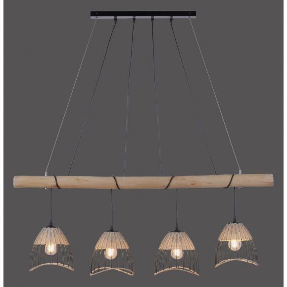 Rustikale Holz Pendelleuchte mit 4 geflochtenen Leuchten-Schirmen, Korbleuchte 120 cm