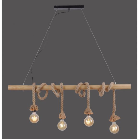 rustikale Pendelleuchte mit Holzbalken und gedrehten Seilen, Retro, 4-flammig, E27