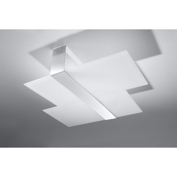 skandinavische E27 Deckenleuchte mit 2 Glasplatten und einem Stahlelement 2-flammige Deckenlampe weiß chrom 50 x 66 cm
