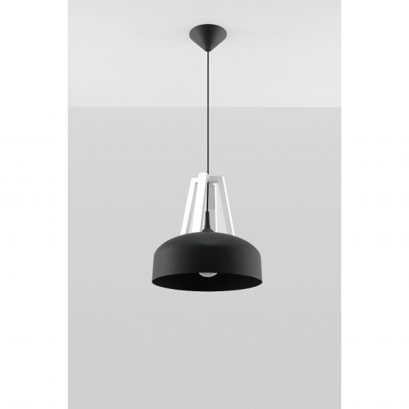 skandinavische E27 Pendelleuchte halbrunder Stahl-Schirm mit Holzelement Hängelampe schwarz/weiß ø 30 cm