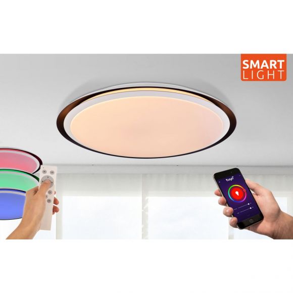 Smart Home runde LED Deckenleuchte mit CCT-Lichtfarbsteuerung & Fernbedienung aus Acryl kompatibel mit Google-Home und Alexa Timer automatischem Farbwechsel RGB Deckenlampe weiß schwarz ø 56 cm