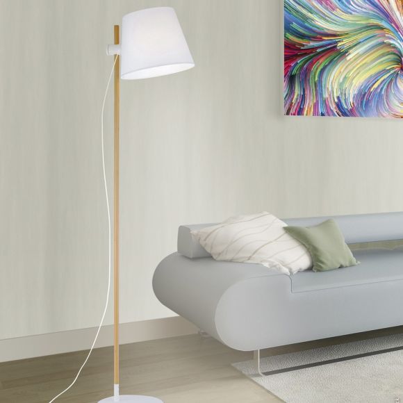 Standlampe, Stoffschirm weiß, Holzstab, Höhe 173 cm