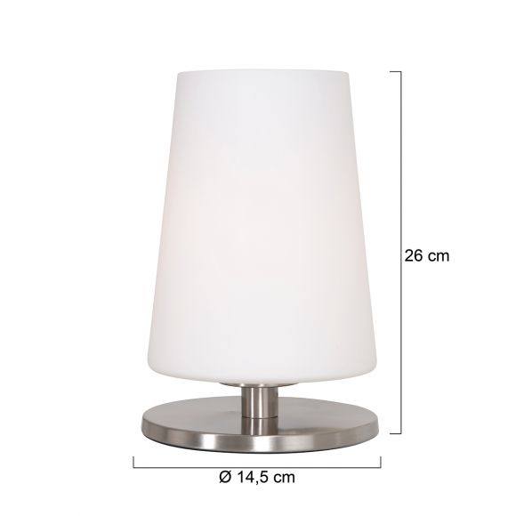 Tischleuchte, stahlfarbig, Glas weiß, Nachttischlampe H 23,5 cm, modern