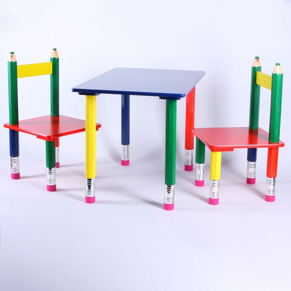 Kinder Tisch 43 cm und 2 Stühle Sitzhhöhe 21 cm im fröhlichen Buntstift-Design 