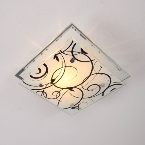 Deckenleuchte, Chrom, Glas Rankendekor, 22 x 22 cm, LED geeignet