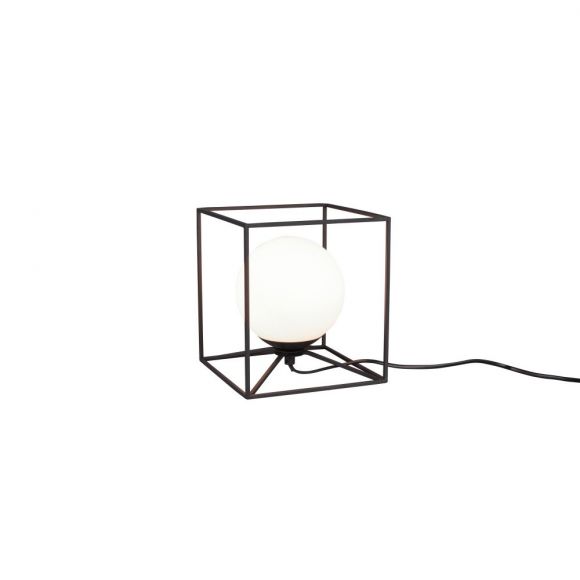 dekorative Käfig-Tischleuchte mit schwarzem Rahmen und weißer Glaskugel, 1-flammig, G9, mit Schnurschalter, 20x20 cm