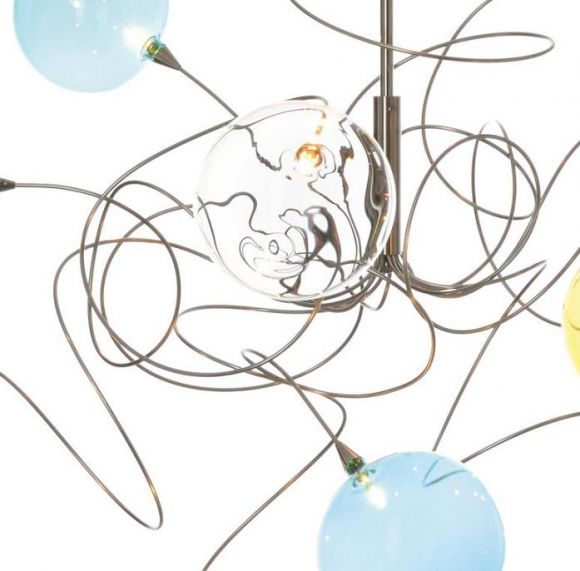Design Pendelleuchte Bubbles aus Edelstahl, handgestaltet mit 12 mundgeblasenen Glasbällen