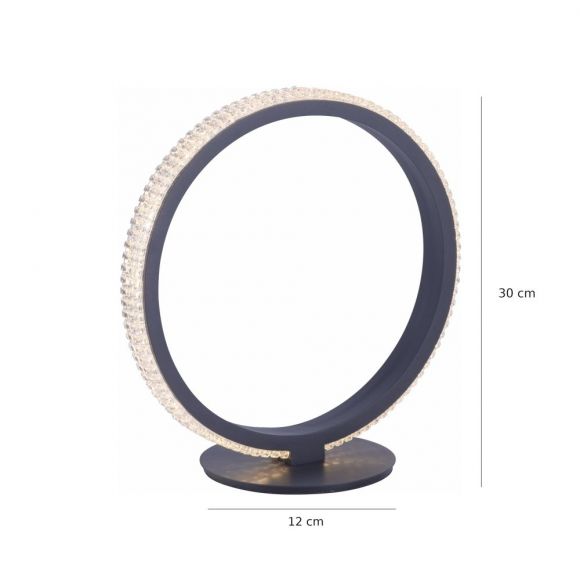 Dimmbare runde Tischleuchte mit Schnurschalter, schwarzer LED Ring mit Kristallumrandung