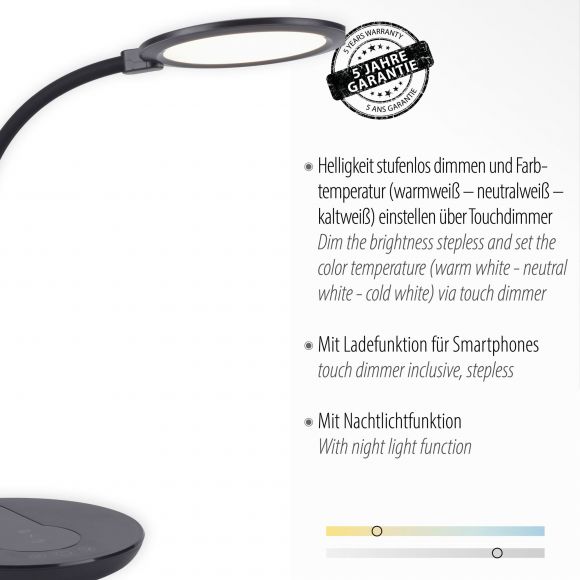 dimmbare schwenkbare runde LED Tischleuchte mit CCT-Lichtfarbsteuerung matt Tischlampe schwarz