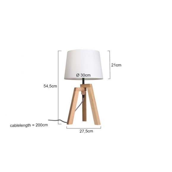 Dreibein Tischleuchte aus Holz, TRIPOD Holzgestell Birke weißer Stoffschirm, E27 15 Watt LED max.