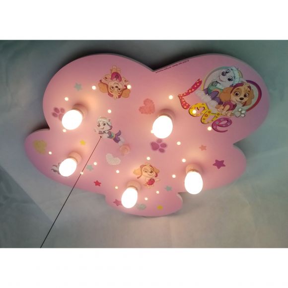 E14 Holz Kinderleuchte mit LED Schlummerlicht 5-flammige Deckenlampe mit Schalter 74 x 57 cm rosa Paw Patrol