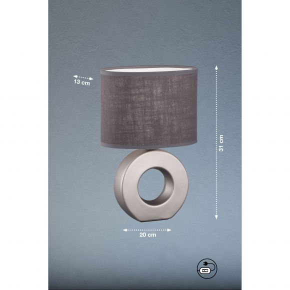 E14 Tischleuchte mit Stoffschirm und Ring aus Keramik ovale Tischlampe silber matt grau mit Schalter 31 cm