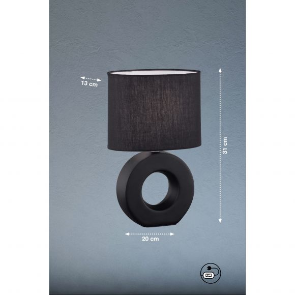 E14 Tischleuchte mit Stoffschirm und Ring aus Keramik ovale Tischlampe silber matt sandfarben mit Schalter 31 cm