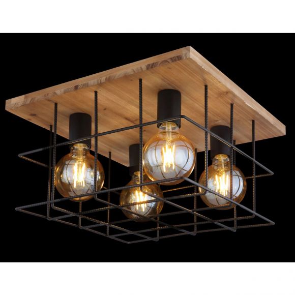 eckige E27 Deckenleuchte aus Holz skandinavische quadratisch Käfig  Betonstahl-Gitter 4-flammige Deckenlampe schwarz | WOHNLICHT