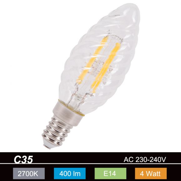 Filament LED E14, Twist Candle, 4W, 400Lm, 2700K, 300°