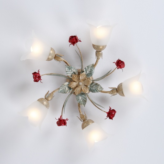 Filigrane Deckenleuchte im Florentiner Stil - Metall - Weiß/Gold mit roten Rosen - 5-flammig