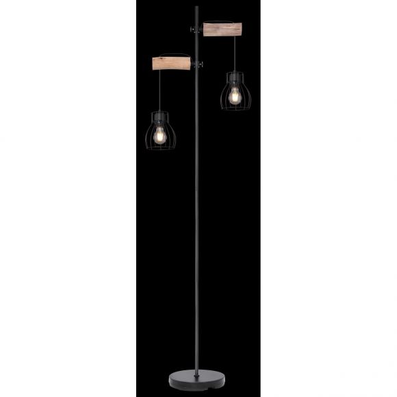 höhenverstellbare E27 Stehleuchte aus Holz 2-flammige Stehlampe schwarz und natur mit Schalter